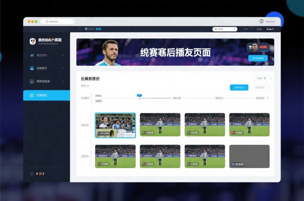 比赛结束后，电视屏幕展示集锦回放页面，旁边有时间轴和多角度切换提示